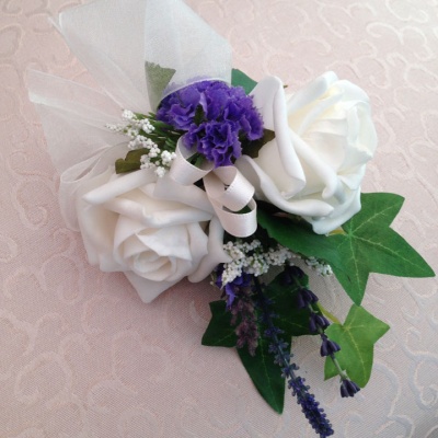 Wrist Corsage in Ivory and Purple